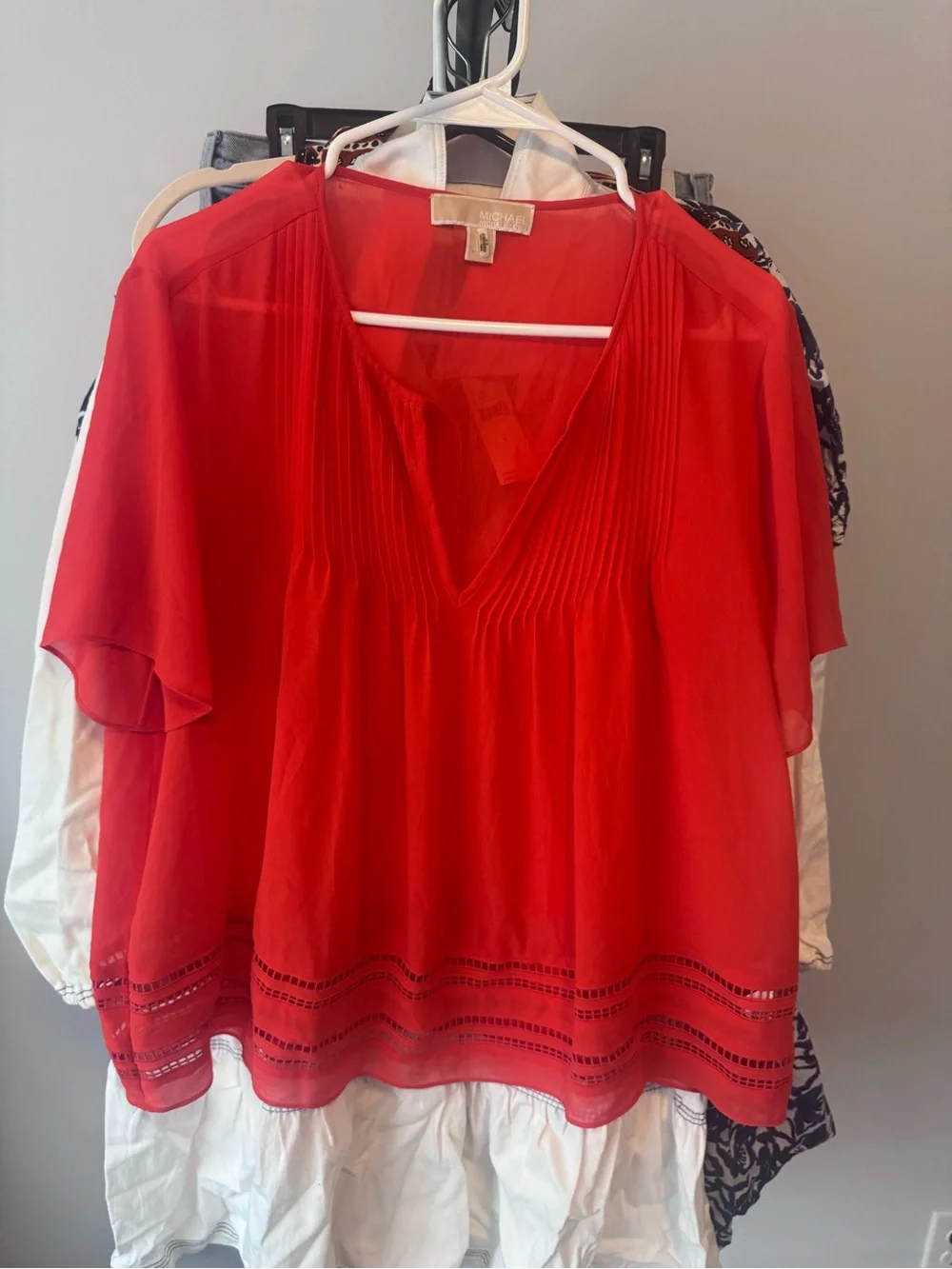 Michael Kors Vibrant Red Pleated V-Neck Women’s Blouse